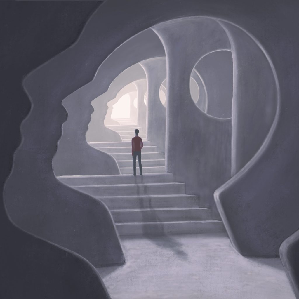 Surreal art, brain hope success freedom mental health psychology and life concept idea, painting illustration, conceptual artwork